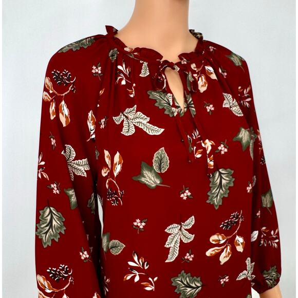 NWT Loft Peasant Blouse Size XS Rust Botanical Print 3/4 Sleeve Autumn Top - Picture 4 of 14